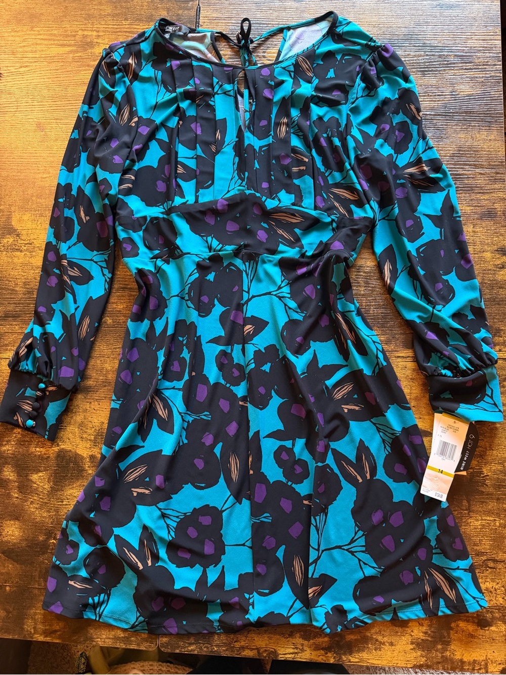 Nine West Teal, Black & Purple Floral Midi Dress